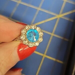Faux Aquamarine Blue & Diamond Silver Ring Size 6.5